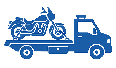 Icon of a flatbed tow truck transporting a cruiser motorcycle secured with tie-down straps