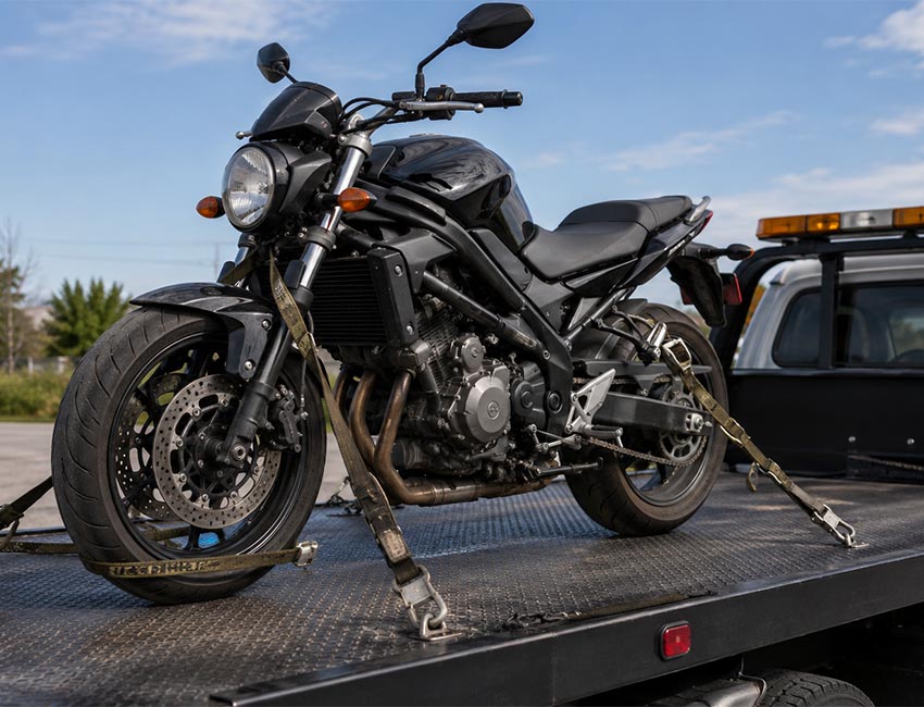 Motorcycle secured with tie-down straps on a flatbed tow truck, illustrating affordable towing service