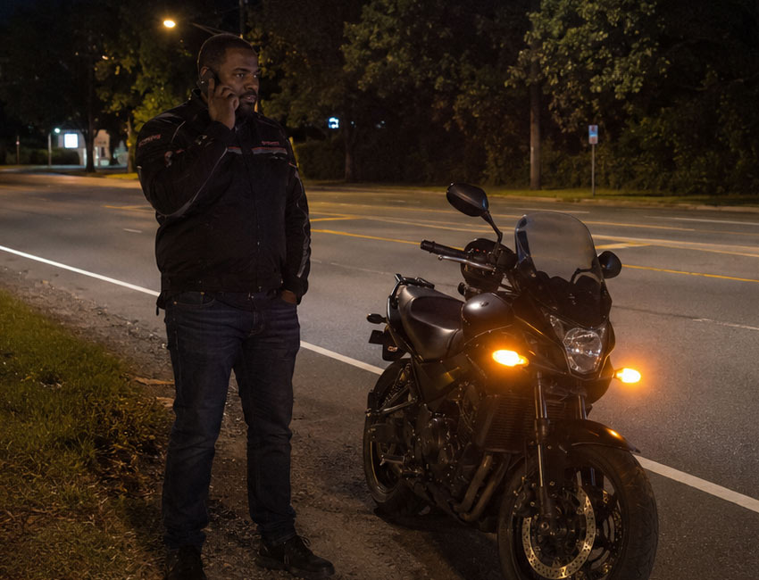 Motorcycle rider calling for help on the roadside at night, representing 24/7 towing availability